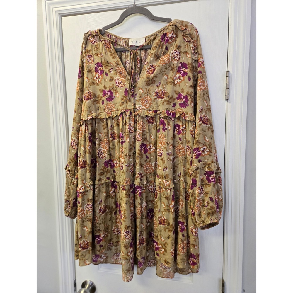 Sweet Lemon Floral Tiered Tunic Dress Tan Purple Orange Boho Shabby Chic Peasant
